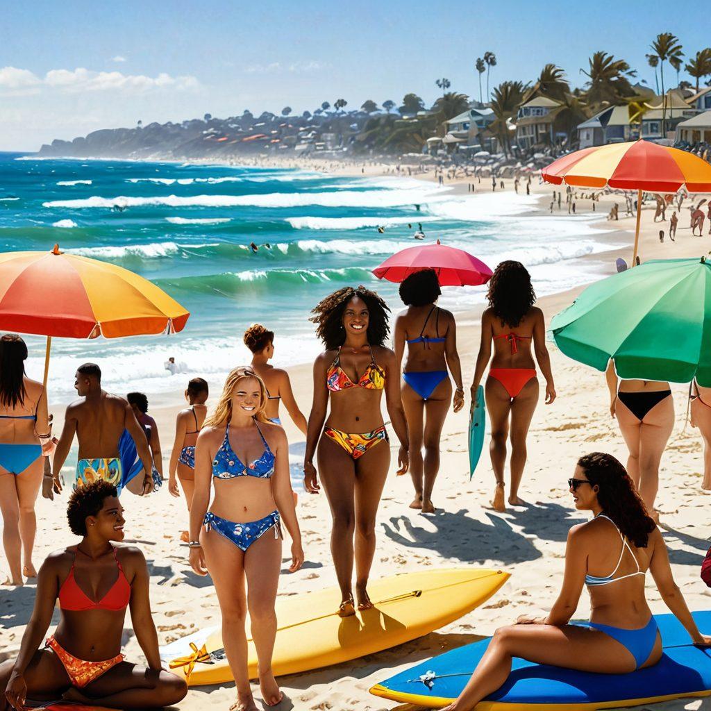 A vibrant beach scene showcasing diverse individuals wearing stylish swimwear, reflecting different body types and cultures. Include colorful beach umbrellas and surfboards in the background, with waves gently lapping at the shore. The sun is shining brightly, creating a lively and welcoming atmosphere. super-realistic. vibrant colors. white background.